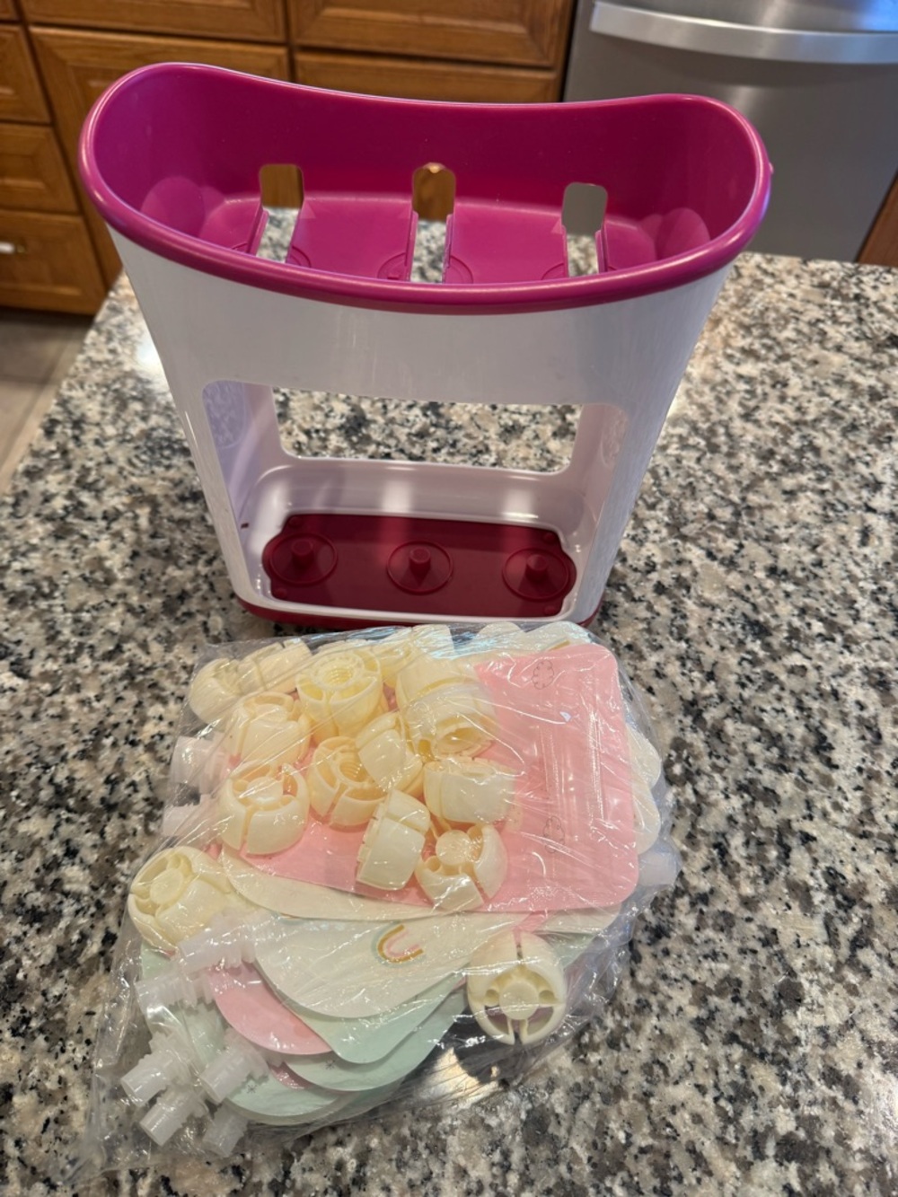 Pink and White Plastic baby food  Mold Stand with Pastel Inserts